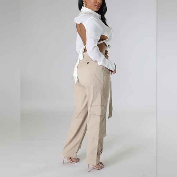 038. Carpenter Khaki High Waisted Wide Leg Trouser - Picture 2 of 4